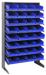 The Quantum Pick Rack is a single-sided, sloped storage solution measuring 18D x 36W x 60H with a 400 lbs. capacity. It includes eight shelves and thirty-two QSB108 blue bins made of galvanized steel, all ideal for organizing small items or tools in even and identical compartments.