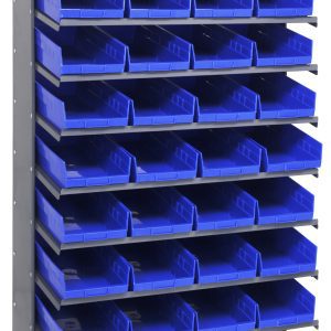 The Quantum Pick Rack is a single-sided, sloped storage solution measuring 18D x 36W x 60H with a 400 lbs. capacity. It includes eight shelves and thirty-two QSB108 blue bins made of galvanized steel, all ideal for organizing small items or tools in even and identical compartments.