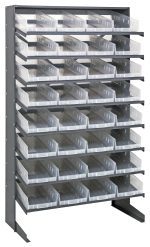 The Quantum Pick Rack is a sloped, single-sided unit with 8 shelves and 32 QSB108 clear bins, crafted from galvanized steel. It measures 18D x 36W x 60H, supports a 400 lbs. capacity, and offers easy visibility for efficient organization.