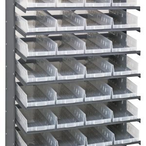 The Quantum Pick Rack is a sloped, single-sided unit with 8 shelves and 32 QSB108 clear bins, crafted from galvanized steel. It measures 18D x 36W x 60H, supports a 400 lbs. capacity, and offers easy visibility for efficient organization.