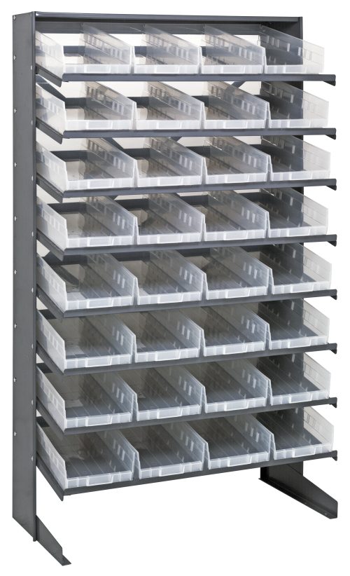 The Quantum Pick Rack is a sloped, single-sided unit with 8 shelves and 32 QSB108 clear bins, crafted from galvanized steel. It measures 18D x 36W x 60H, supports a 400 lbs. capacity, and offers easy visibility for efficient organization.