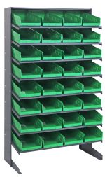 The Quantum Pick Rack is a sloped, single-sided shelving unit with eight shelves and 32 QSB108 green bins, five per row. Measuring 18D x 36W x 60H, it supports up to 400 lbs and features a galvanized steel frame for optimal storage and organization.