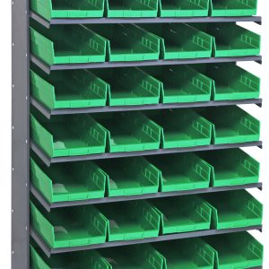 The Quantum Pick Rack is a sloped, single-sided shelving unit with eight shelves and 32 QSB108 green bins, five per row. Measuring 18D x 36W x 60H, it supports up to 400 lbs and features a galvanized steel frame for optimal storage and organization.