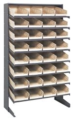 The Quantum Pick Rack is a single-sided storage solution with 8 sloped shelves, 32 open-front ivory bins (5 per shelf), and sturdy two-leg support. Crafted from galvanized steel, it measures 18D x 36W x 60H and offers a robust capacity of 400 lbs.