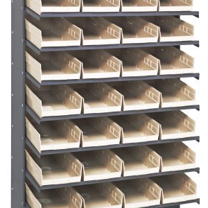 The Quantum Pick Rack is a single-sided storage solution with 8 sloped shelves, 32 open-front ivory bins (5 per shelf), and sturdy two-leg support. Crafted from galvanized steel, it measures 18D x 36W x 60H and offers a robust capacity of 400 lbs.
