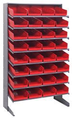 The Quantum Pick Rack features a sloped, single-sided design with dimensions of 18D x 36W x 60H and holds up to 400 lbs. It includes eight shelves with thirty-two QSB108 red bins, arranged as nine organized bins per row, ideal for tools or small parts on a galvanized steel frame.