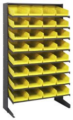The Quantum Pick Rack, a sloped, single-sided unit with dimensions of 18D x 36W x 60H, offers enhanced organization with its galvanized steel construction. It includes (8) shelves and (32) front-open QSB108 yellow bins for easy access and holds up to 400 lbs.