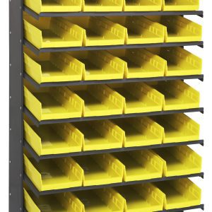 The Quantum Pick Rack, a sloped, single-sided unit with dimensions of 18D x 36W x 60H, offers enhanced organization with its galvanized steel construction. It includes (8) shelves and (32) front-open QSB108 yellow bins for easy access and holds up to 400 lbs.
