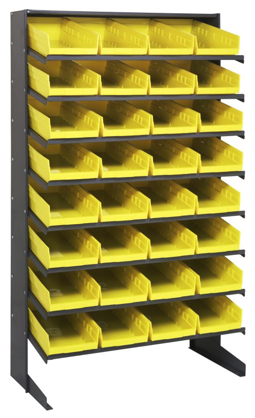 The Quantum Pick Rack, a sloped, single-sided unit with dimensions of 18D x 36W x 60H, offers enhanced organization with its galvanized steel construction. It includes (8) shelves and (32) front-open QSB108 yellow bins for easy access and holds up to 400 lbs.