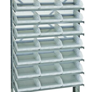 Introducing the Quantum Pick Rack: a single-sided, sloped rack made of galvanized steel, measuring 12D x 36W x 60H. It features eight shelves with 24 QSB109 clear bins and can hold up to 400 lbs., offering seamless organization and storage in any workspace.