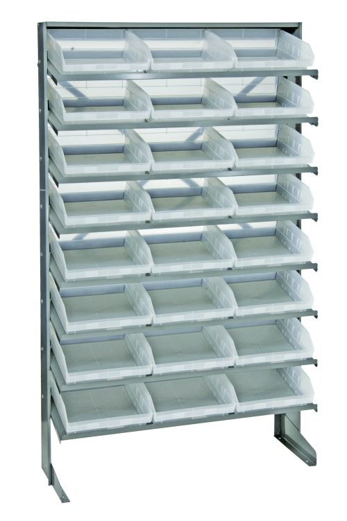 Introducing the Quantum Pick Rack: a single-sided, sloped rack made of galvanized steel, measuring 12D x 36W x 60H. It features eight shelves with 24 QSB109 clear bins and can hold up to 400 lbs., offering seamless organization and storage in any workspace.