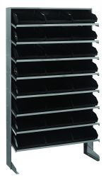 The Quantum Pick Rack is a single-sided, sloped unit with dimensions of 12D x 36W x 60H and a capacity of 400 lbs. It features eight shelves and includes 24 QSB109 black bins, all supported by sturdy galvanized steel legs for easy access.