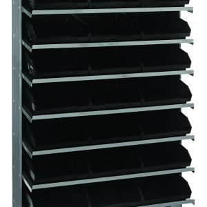 The Quantum Pick Rack is a single-sided, sloped unit with dimensions of 12D x 36W x 60H and a capacity of 400 lbs. It features eight shelves and includes 24 QSB109 black bins, all supported by sturdy galvanized steel legs for easy access.