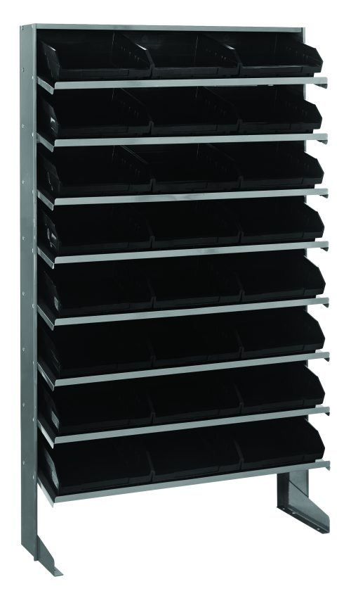 The Quantum Pick Rack is a single-sided, sloped unit with dimensions of 12D x 36W x 60H and a capacity of 400 lbs. It features eight shelves and includes 24 QSB109 black bins, all supported by sturdy galvanized steel legs for easy access.