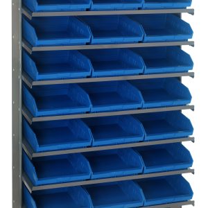 The Quantum Pick Rack is a single-sided, sloped metal unit with dimensions of 12D x 36W x 60H. Made of galvanized steel, it holds up to 400 lbs and includes eight shelves and 24 QSB109 blue bins for easy access.
