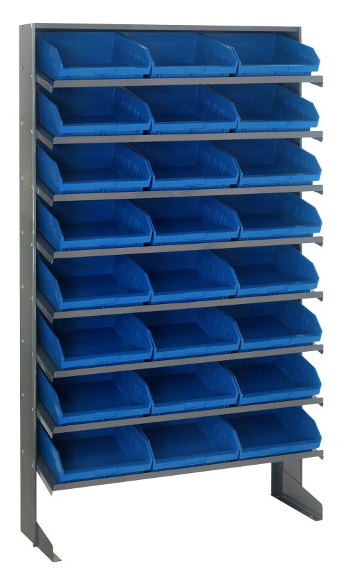 The Quantum Pick Rack is a single-sided, sloped metal unit with dimensions of 12D x 36W x 60H. Made of galvanized steel, it holds up to 400 lbs and includes eight shelves and 24 QSB109 blue bins for easy access.