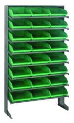 The Quantum Pick Rack is a sloped, single-sided unit measuring 12D x 36W x 60H, with a 400 lbs. capacity. It includes eight shelves and twenty-four QSB109 green bins, ideal for organizing tools or small items in workshops or garages, offering both durability and convenience.