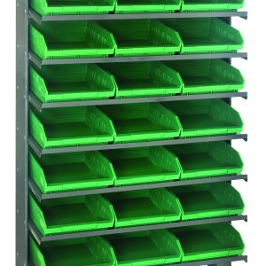 The Quantum Pick Rack is a sloped, single-sided unit measuring 12D x 36W x 60H, with a 400 lbs. capacity. It includes eight shelves and twenty-four QSB109 green bins, ideal for organizing tools or small items in workshops or garages, offering both durability and convenience.