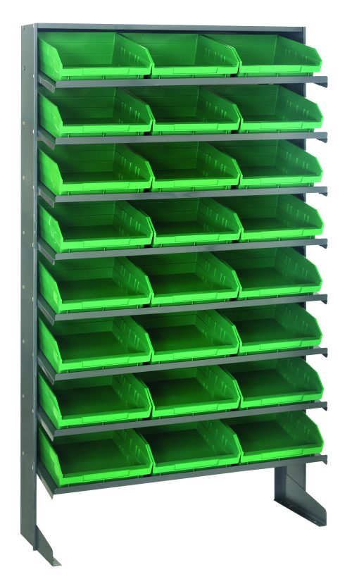 The Quantum Pick Rack is a sloped, single-sided unit measuring 12D x 36W x 60H, with a 400 lbs. capacity. It includes eight shelves and twenty-four QSB109 green bins, ideal for organizing tools or small items in workshops or garages, offering both durability and convenience.