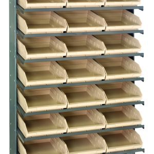 The Quantum Pick Rack is a freestanding, single-sided metal shelving unit with sloped design. It features 8 shelves and 24 ivory QSB109 bins, each with a 400 lbs capacity, for easy access to tools or small items. Dimensions are 12D x 36W x 60H and its made from galvanized steel.