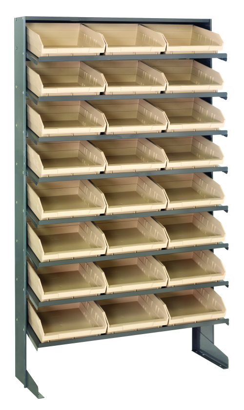 The Quantum Pick Rack is a freestanding, single-sided metal shelving unit with sloped design. It features 8 shelves and 24 ivory QSB109 bins, each with a 400 lbs capacity, for easy access to tools or small items. Dimensions are 12D x 36W x 60H and its made from galvanized steel.