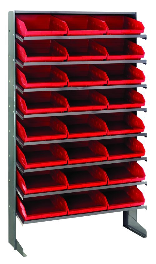 The Quantum Pick Rack is a sloped, single-sided shelving unit made of galvanized steel with a 400 lbs. capacity. It features eight shelves and 24 open-top QSB109 red bins, measuring 12D x 36W x 60H, offering easy access and functionality against a white background.
