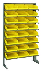 The Quantum Pick Rack is a single-sided, sloped metal storage unit with four vertical columns and eight shelves. It includes 24 forward-tilted QSB109 yellow bins for easy access. Measuring 12D x 36W x 60H and holding up to 400 lbs, it efficiently maximizes space.