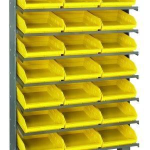 The Quantum Pick Rack is a single-sided, sloped metal storage unit with four vertical columns and eight shelves. It includes 24 forward-tilted QSB109 yellow bins for easy access. Measuring 12D x 36W x 60H and holding up to 400 lbs, it efficiently maximizes space.