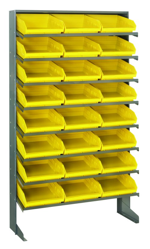 The Quantum Pick Rack is a single-sided, sloped metal storage unit with four vertical columns and eight shelves. It includes 24 forward-tilted QSB109 yellow bins for easy access. Measuring 12D x 36W x 60H and holding up to 400 lbs, it efficiently maximizes space.
