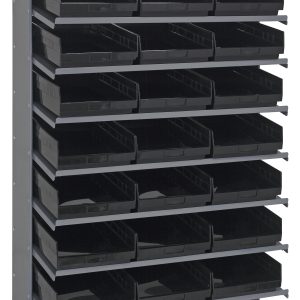 The Pick Rack is a sloped, single-sided storage rack made of galvanized steel, measuring 18D x 36W x 60H. It holds up to 400 lbs., featuring eight shelves and comes with 24 QSB110 black plastic bins, perfect for organized storage.