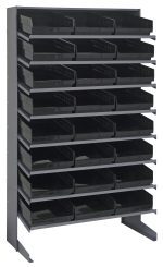 The Pick Rack is a sloped, single-sided rack measuring 18D x 36W x 60H, with a sturdy galvanized steel construction that supports up to 400 lbs. It features eight shelves containing 24 QSB110 black bins, ideal for efficiently organizing small items or tools.