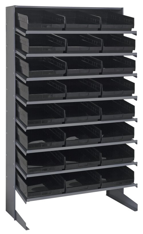 The Pick Rack is a sloped, single-sided rack measuring 18D x 36W x 60H, with a sturdy galvanized steel construction that supports up to 400 lbs. It features eight shelves containing 24 QSB110 black bins, ideal for efficiently organizing small items or tools.