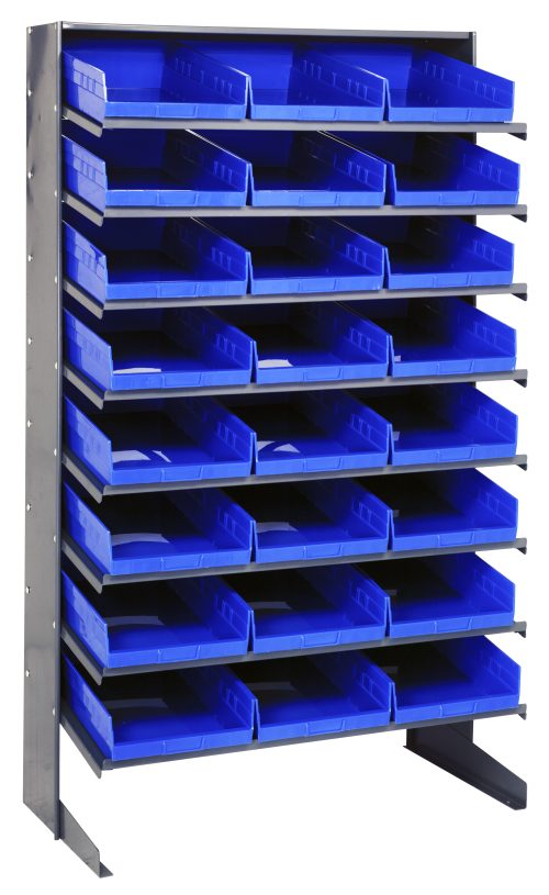 A sloped, single-sided Pick Rack measuring 18D x 36W x 60H, with a 400 lb capacity, features (8) shelves and (24) QSB110 blue bins. Its galvanized steel frame ensures efficient support and organized storage.