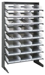 A Pick Rack shelving unit, sloped and single-sided, measures 18D x 36W x 60H, with eight galvanized steel shelves. It includes 24 QSB110 clear bins and a sturdy design supporting up to 400 lbs.