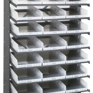 A Pick Rack shelving unit, sloped and single-sided, measures 18D x 36W x 60H, with eight galvanized steel shelves. It includes 24 QSB110 clear bins and a sturdy design supporting up to 400 lbs.