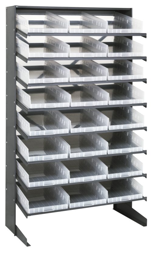 A Pick Rack shelving unit, sloped and single-sided, measures 18D x 36W x 60H, with eight galvanized steel shelves. It includes 24 QSB110 clear bins and a sturdy design supporting up to 400 lbs.