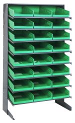 The Pick Rack is a single-sided unit measuring 18D x 36W x 60H, featuring eight shelves and 24 QSB110 green bins. Constructed from galvanized steel, it has a 400 lbs capacity with an open-front design for easy access and freestanding stability.
