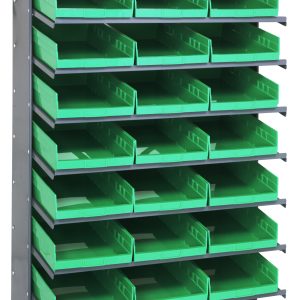 The Pick Rack is a single-sided unit measuring 18D x 36W x 60H, featuring eight shelves and 24 QSB110 green bins. Constructed from galvanized steel, it has a 400 lbs capacity with an open-front design for easy access and freestanding stability.
