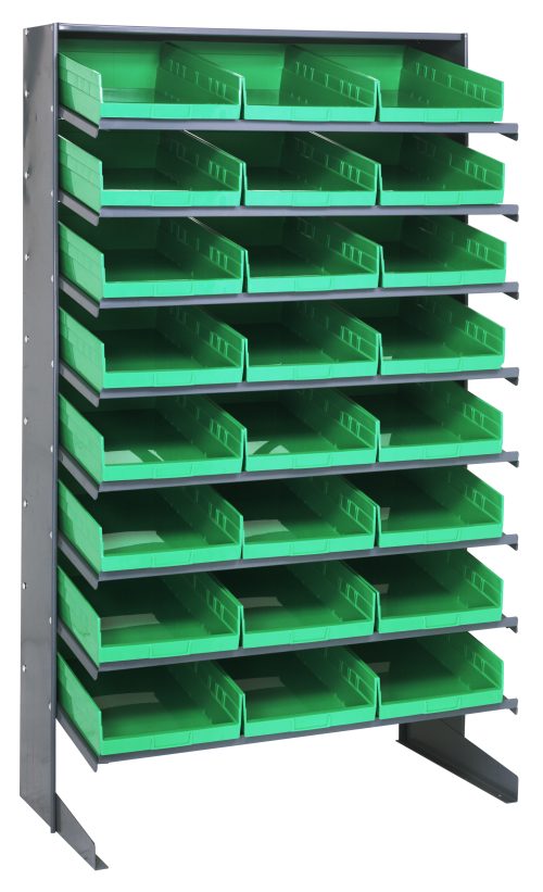 The Pick Rack is a single-sided unit measuring 18D x 36W x 60H, featuring eight shelves and 24 QSB110 green bins. Constructed from galvanized steel, it has a 400 lbs capacity with an open-front design for easy access and freestanding stability.
