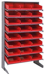 The Pick Rack is a single-sided metal storage unit, 18D x 36W x 60H, featuring eight sloped shelves with 24 removable red QSB110 bins. It can hold up to 400 lbs., offering organized storage for tools or supplies. Its sturdy galvanized steel frame ensures secure upright positioning.