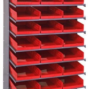 The Pick Rack is a single-sided metal storage unit, 18D x 36W x 60H, featuring eight sloped shelves with 24 removable red QSB110 bins. It can hold up to 400 lbs., offering organized storage for tools or supplies. Its sturdy galvanized steel frame ensures secure upright positioning.