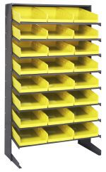 Introducing the Pick Rack, a single-sided storage solution with 8 shelves and 24 bright yellow QSB110 bins. With dimensions of 18D x 36W x 60H, it features a sturdy galvanized steel frame that supports up to 400 lbs., offering easy front access for organizing small items.