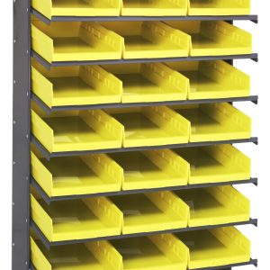 Introducing the Pick Rack, a single-sided storage solution with 8 shelves and 24 bright yellow QSB110 bins. With dimensions of 18D x 36W x 60H, it features a sturdy galvanized steel frame that supports up to 400 lbs., offering easy front access for organizing small items.