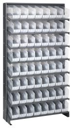 A large gray Pick Rack, with dimensions 12D x 36W x 63-1/2H, is made of galvanized steel and holds eight shelves and 64 uniform QSB201 clear bins in an orderly grid pattern.