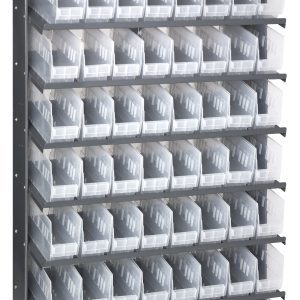 A large gray Pick Rack, with dimensions 12D x 36W x 63-1/2H, is made of galvanized steel and holds eight shelves and 64 uniform QSB201 clear bins in an orderly grid pattern.