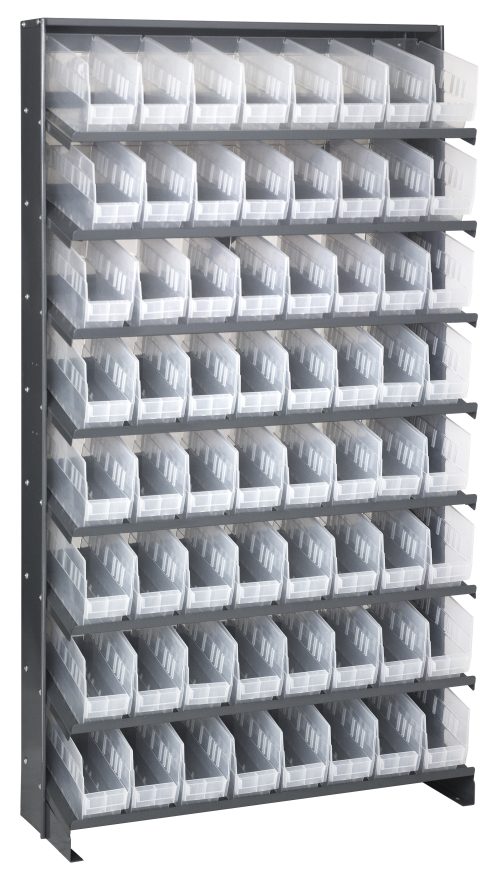 A large gray Pick Rack, with dimensions 12D x 36W x 63-1/2H, is made of galvanized steel and holds eight shelves and 64 uniform QSB201 clear bins in an orderly grid pattern.