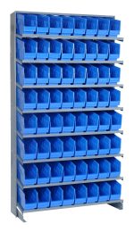 The Pick Rack is a freestanding, single-sided metal shelving unit with sloped design, measuring 12D x 36W x 63-1/2H, made from galvanized steel. It features eight shelves and includes 64 open-top QSB201 blue bins to organize small items in workshops or garages, supporting up to 400 lbs.