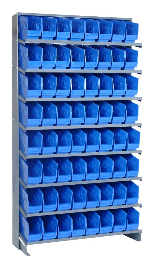 QPRS-201_BL.jpg The Pick Rack is a freestanding, single-sided metal shelving unit with sloped design, measuring 12D x 36W x 63-1/2H, made from galvanized steel. It features eight shelves and includes 64 open-top QSB201 blue bins to organize small items in workshops or garages, supporting up to 400 lbs.
