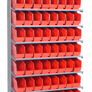 The Pick Rack is a single-sided, 12D x 36W x 63.5H metal shelving unit with eight shelves holding sixty-four QSB201 red bins. Designed for easy access to contents, its open-front sloped layout sits against a plain white background and supports up to 400 lbs.