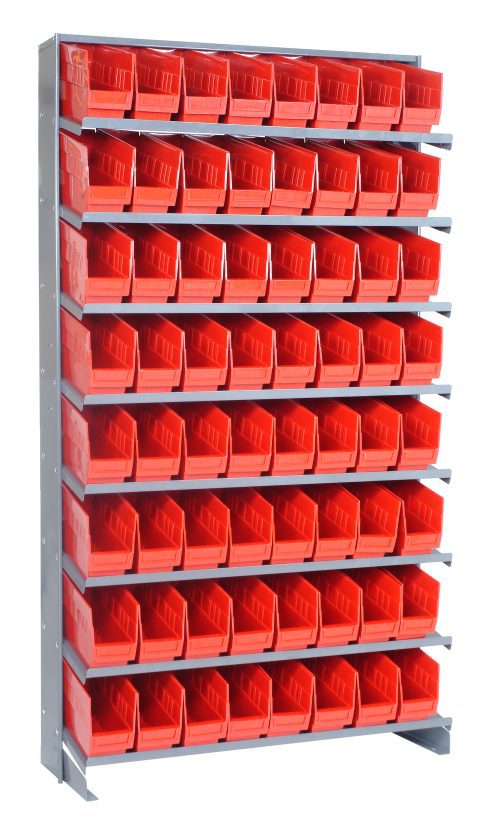 The Pick Rack is a single-sided, 12D x 36W x 63.5H metal shelving unit with eight shelves holding sixty-four QSB201 red bins. Designed for easy access to contents, its open-front sloped layout sits against a plain white background and supports up to 400 lbs.